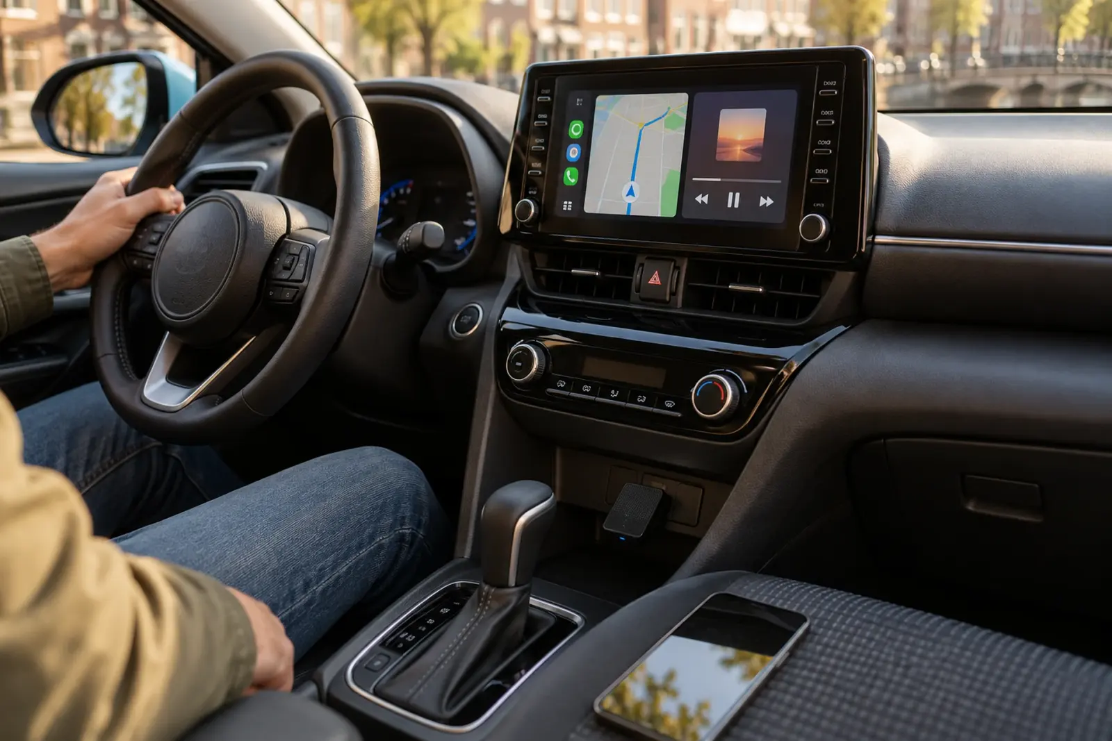Draadloze Android Auto-adapter aangesloten onder het scherm, de telefoon ligt los op de bijrijdersstoel, geparkeerd in de binnenstad van 's-Hertogenbosch