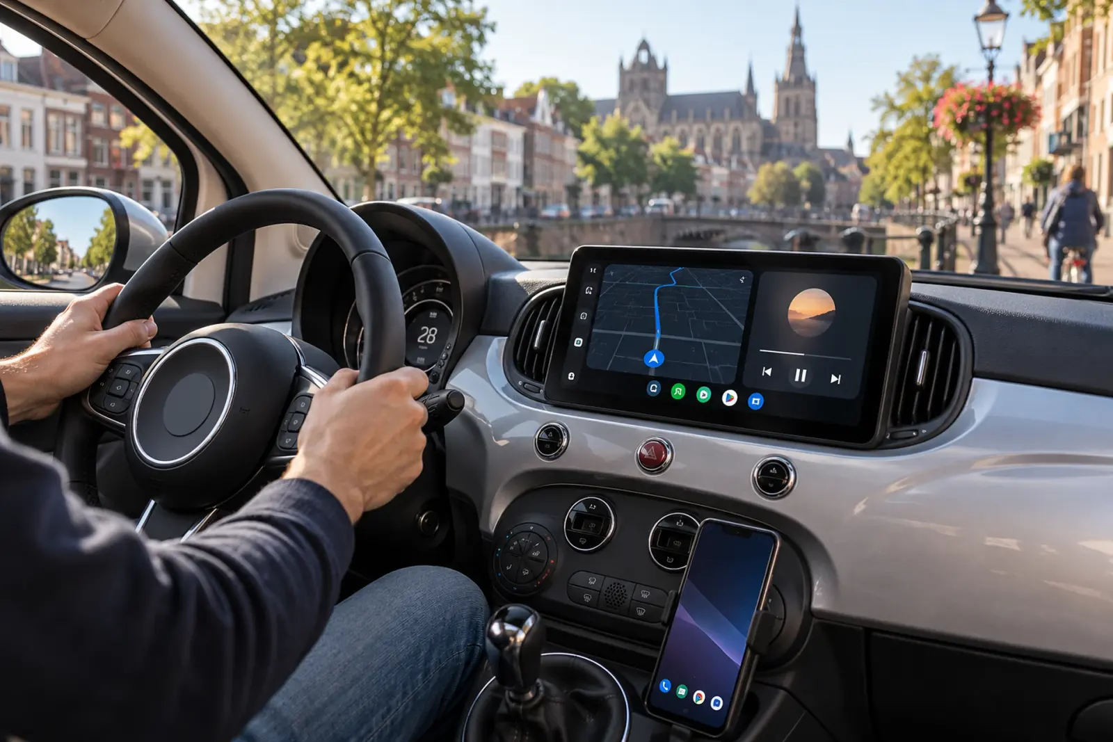 Android Auto bestellen in 's-Hertogenbosch: Google Maps en muziek op een breed touchscreen in een Fiat 500, met de kathedraaltorens van de binnenstad op de achtergrond