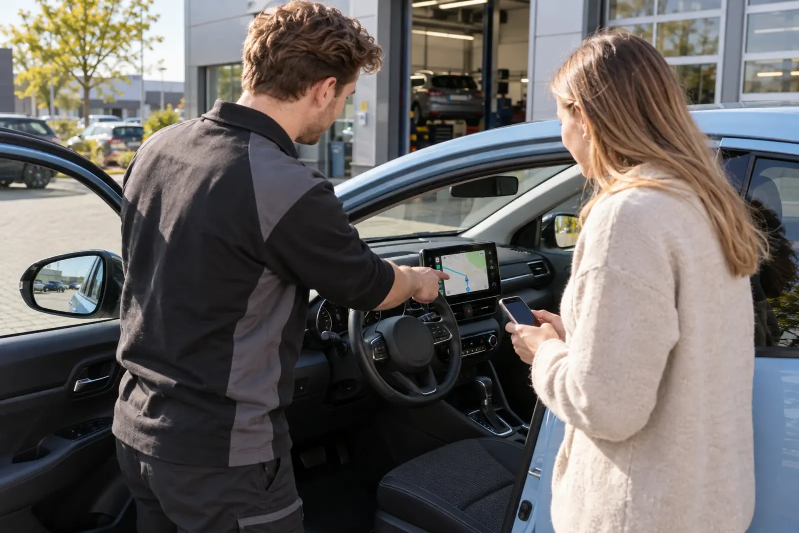 Monteur van de inbouwpartner wijst een klant uit 's-Hertogenbosch de navigatie aan op het nieuw gemonteerde CarPlay-scherm