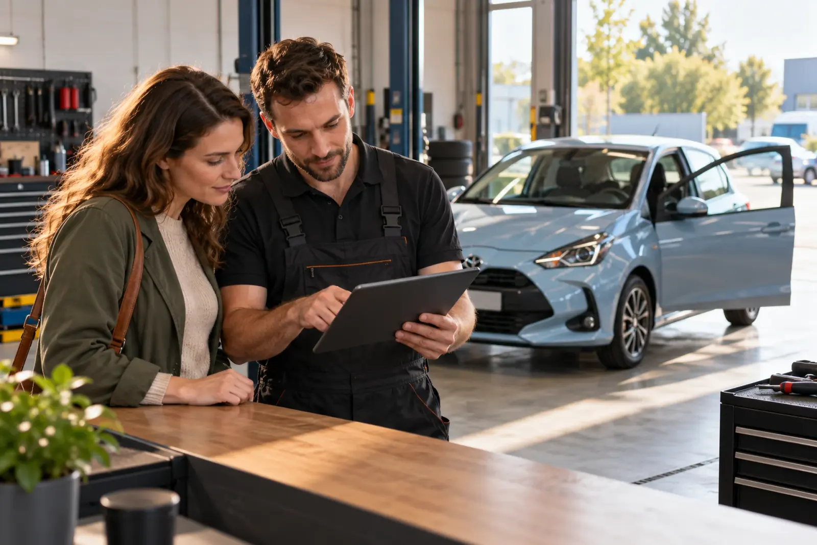 Monteur bespreekt de offerte op een tablet met een klant uit 's-Hertogenbosch; een lichtblauwe Toyota Yaris staat met open portier in de werkplaats