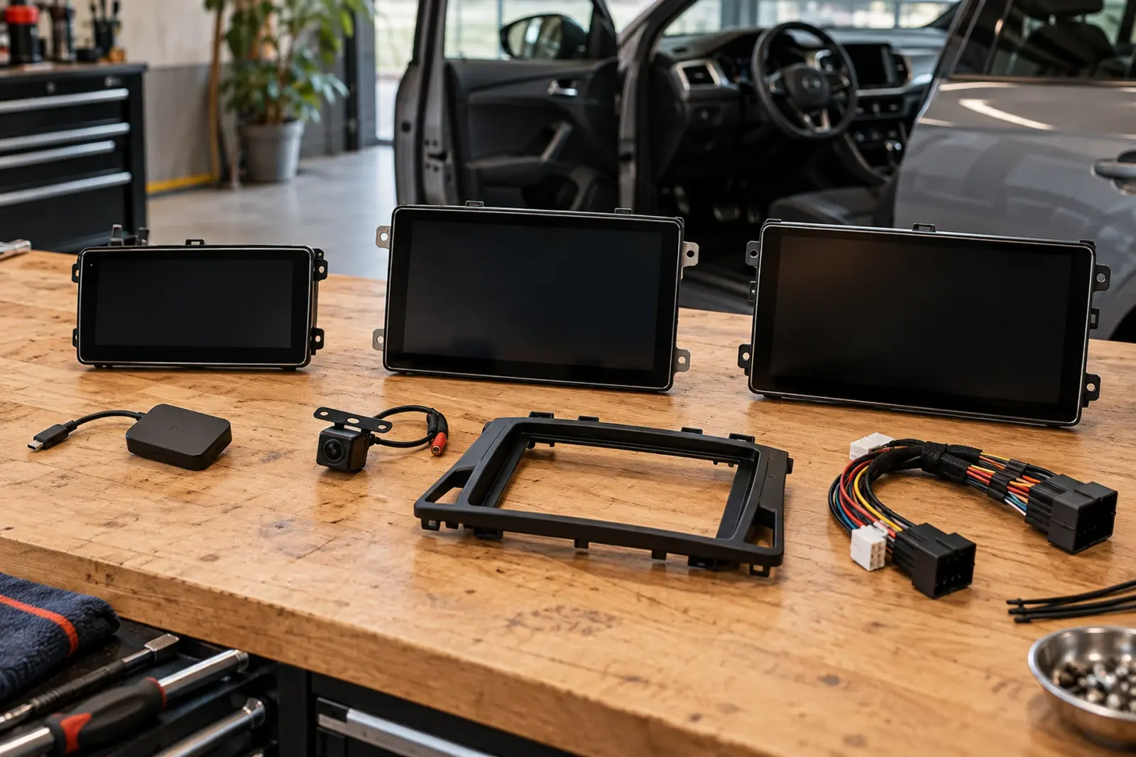 CarPlay prijzen in 's-Hertogenbosch: drie CarPlay-schermen in verschillende maten, een adapter, een achteruitrijcamera, een inbouwframe en een kabelboom op de werkbank van de inbouwpartner