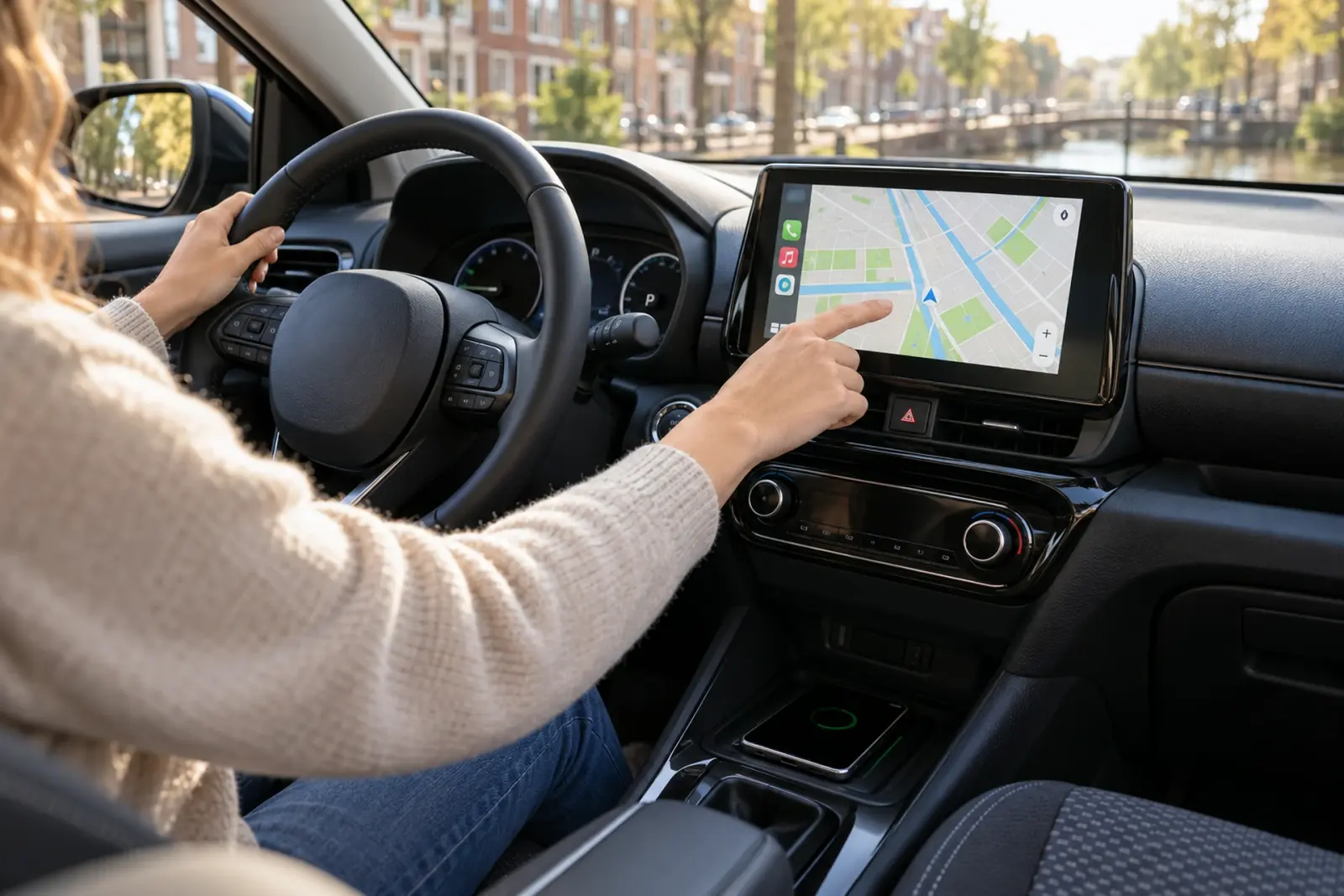 Bestuurster tikt een bestemming aan op het ingebouwde CarPlay-scherm, geparkeerd langs het water in de binnenstad van 's-Hertogenbosch