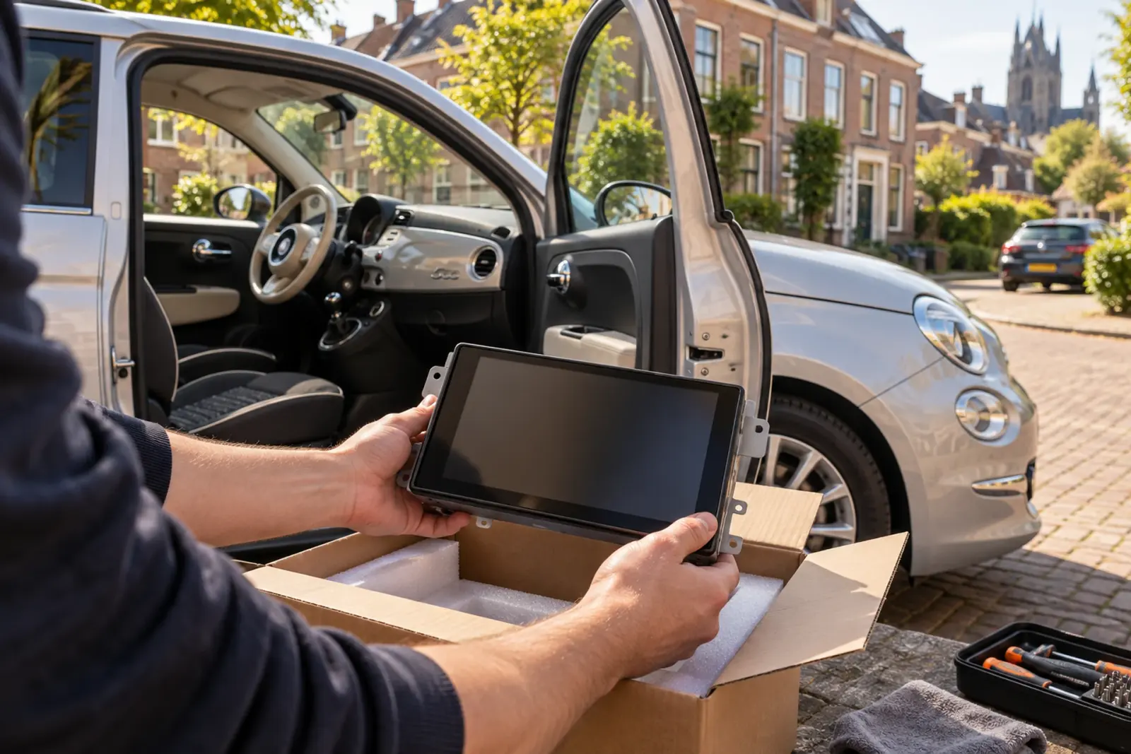 CarPlay scherm bestellen in 's-Hertogenbosch: een nieuw touchscreen wordt uit de doos gehaald naast een zilvergrijze Fiat 500 in een woonstraat