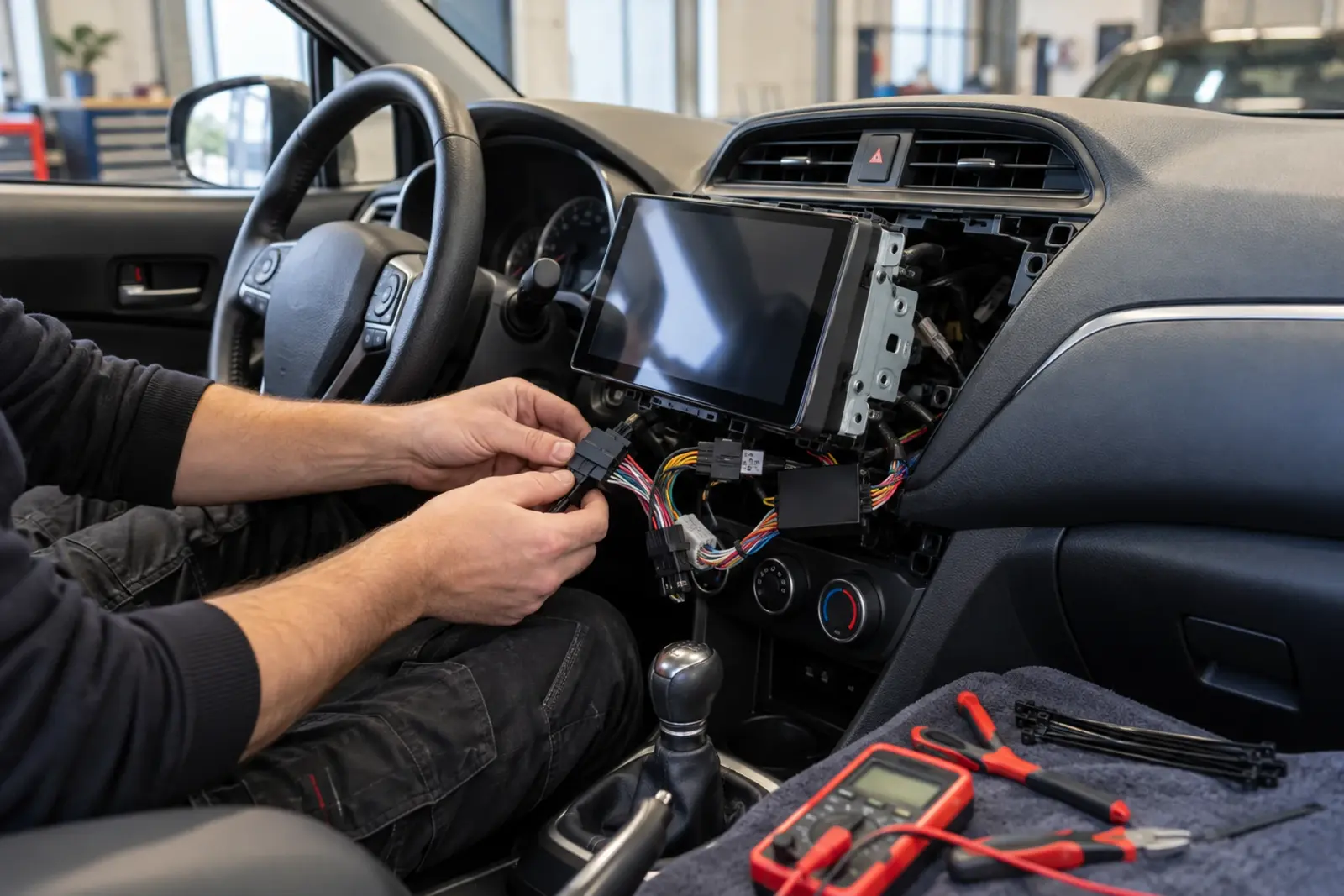 Monteur sluit de kabelboom en de CAN-bus-interface aan achter een nieuw CarPlay-scherm; multimeter en tiewraps liggen klaar op de stoel in de werkplaats voor regio 's-Hertogenbosch