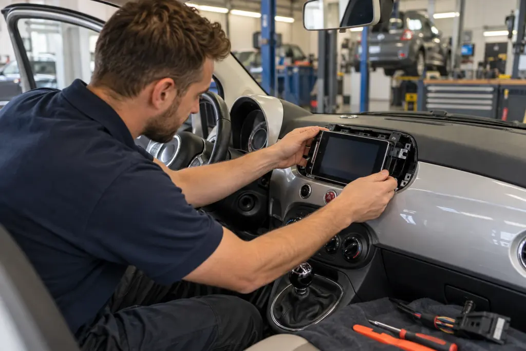 Monteur schuift een CarPlay-scherm in het dashboard van een Fiat 500 in de werkplaats van de inbouwpartner voor regio 's-Hertogenbosch
